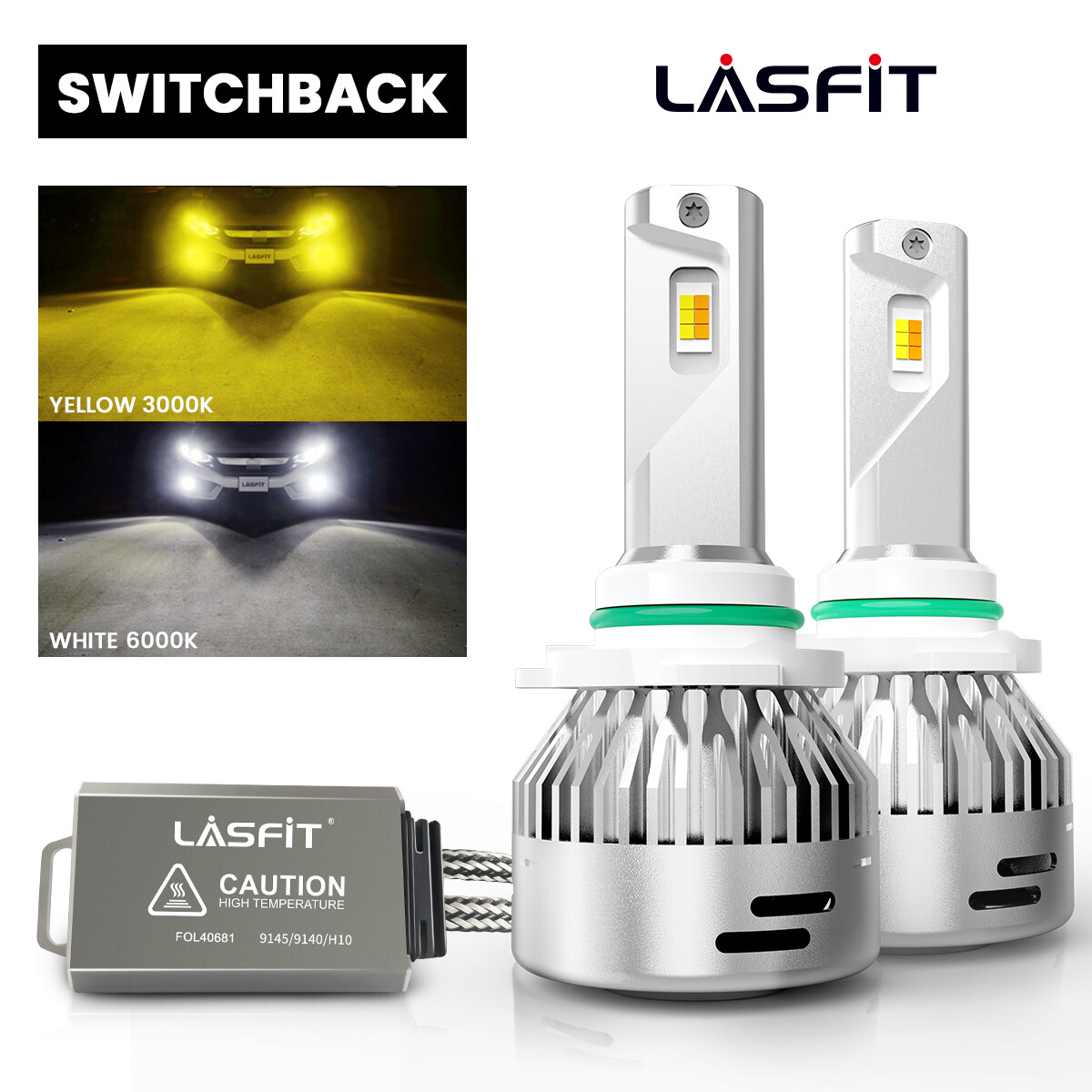 LASFIT 9140 9145 LED Fog Driving Light Bulb Dual Color Switchback 6000LM 60W x2