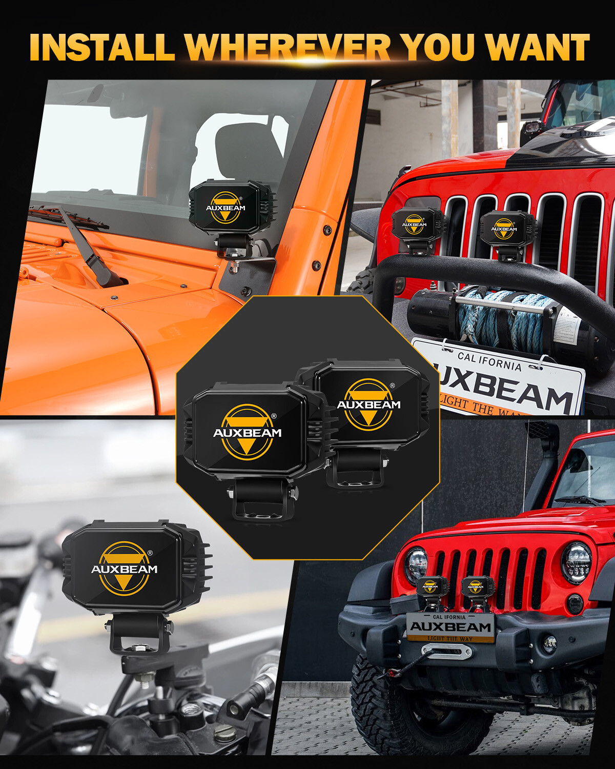 2x AUXBEAM 4″ Amber LED Pods Light Bar Flood Driving Lights + 2x Covers for Jeep