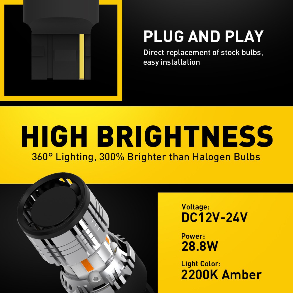 7440 LED Bulbs Amber Yellow with Built-in Resistor Anti Hyper Flash 7440NA T20