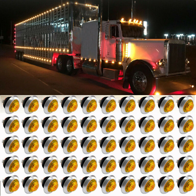 50X 3/4″ Round Amber LED Side Marker Light Truck Trailer Bullet Stainless Base