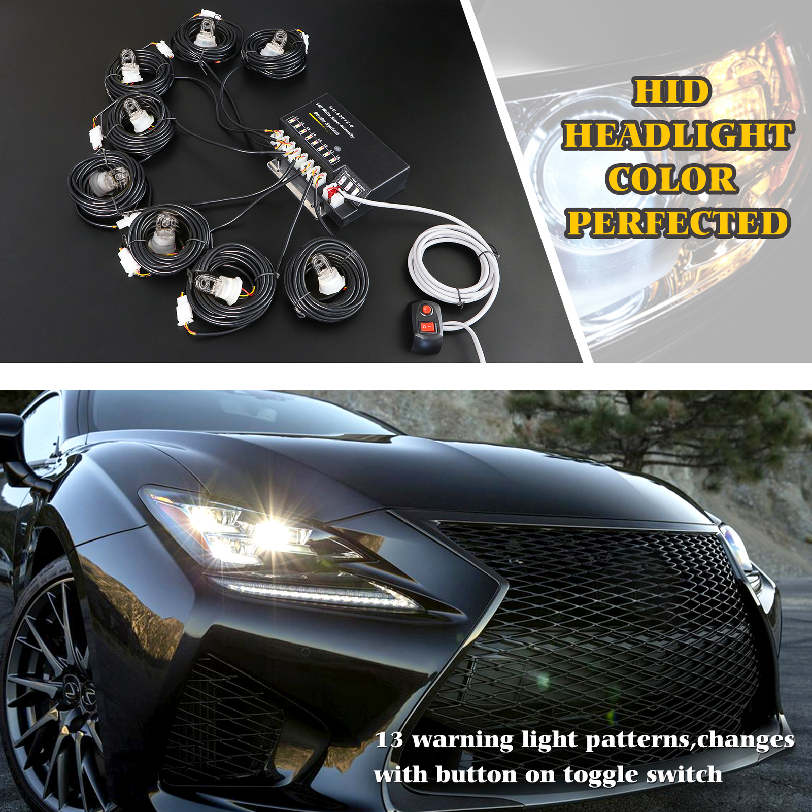 160W 8 HID Bulbs Hide-A-way Emergency Strobe Lights Warning System Headlight Kit