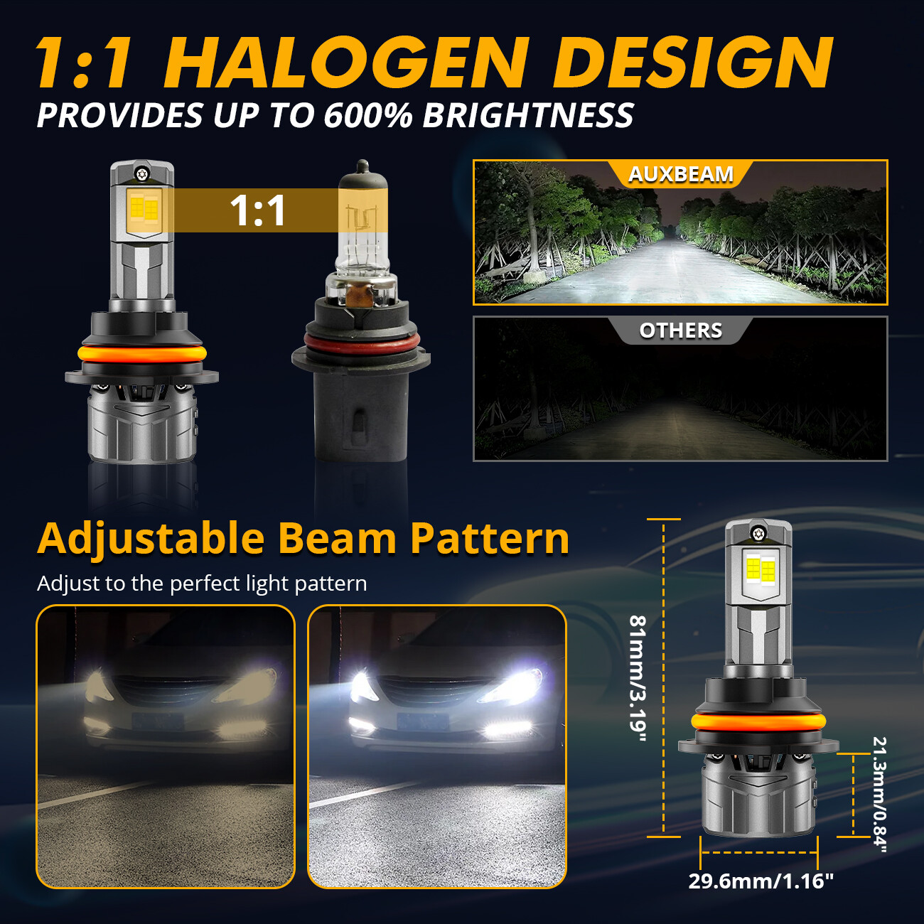 AUXBEAM Canbus HB5 9007 LED Headlight Bulbs High Low Beam 6500K White 52W/120W