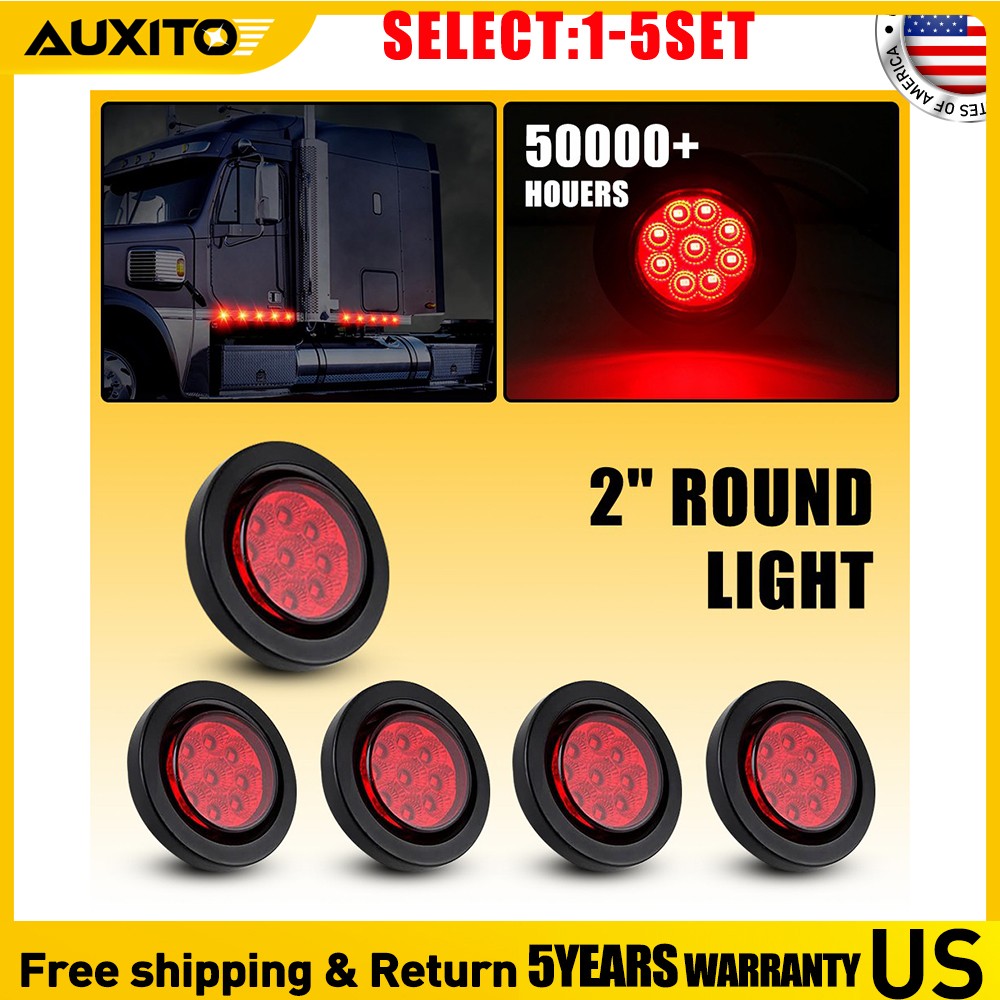 Red 2″ 9 LED Round Truck Trailer RV Side Marker Clearance Light w/Grommet 5-25X