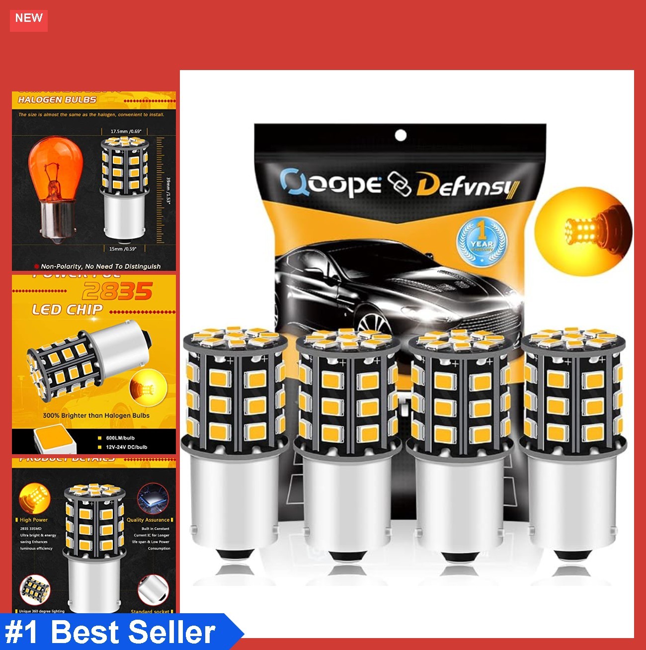 LED Turn Signal Bulbs 7507 BAU15S PY21W Amber Yellow 600lm 12-24V Pack of 4