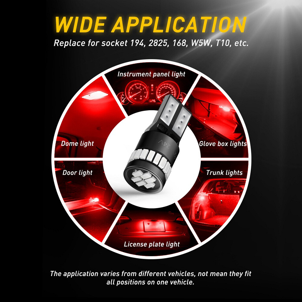 AUXITO LED Parking Wedge Light Bulbs 168 194 2825 T10 Canbus Super Red DC 12-24V
