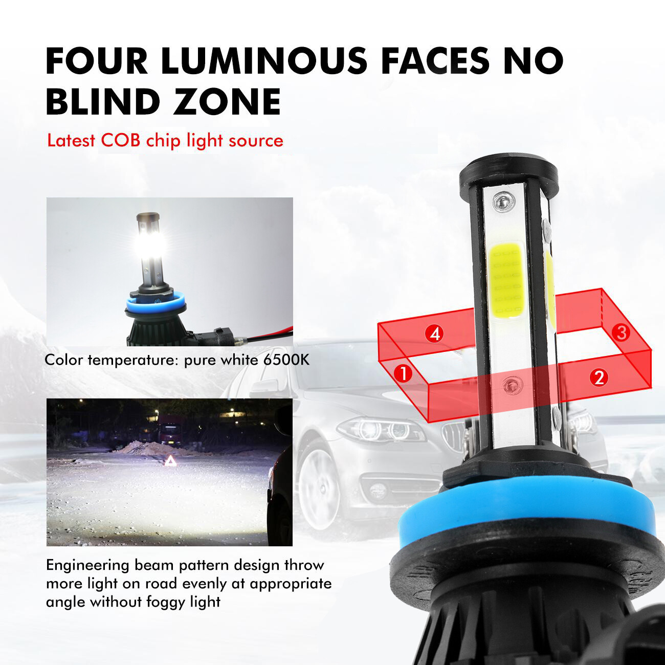 4-sides H11 H9 LED High Beam Headlight Bulbs Conversion Kit Fanless 6000K White