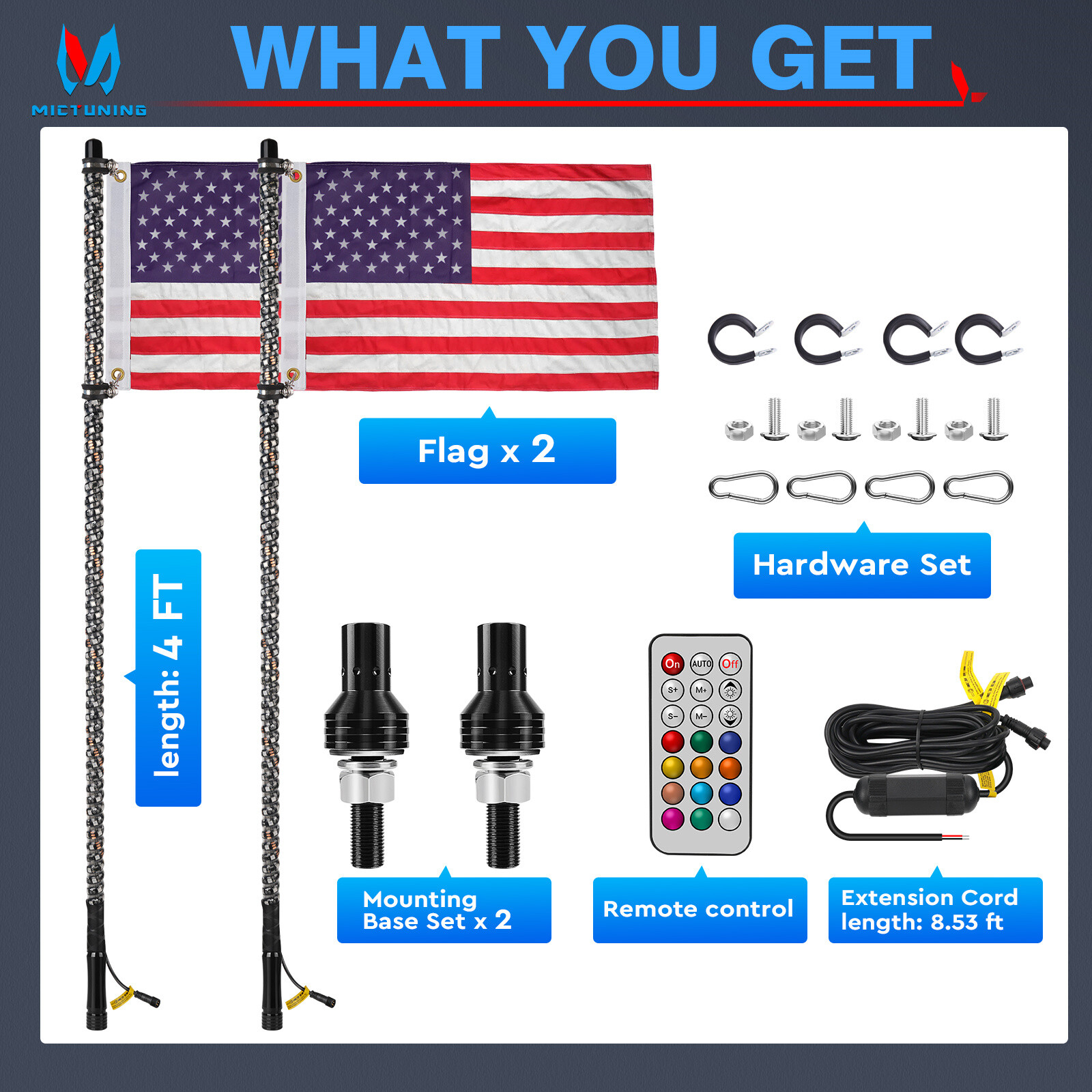 1Pair 3ft/4ft RGB-IC LED Whip Lights 360° Antenna Flow Lamp w/Remote For UTV ATV
