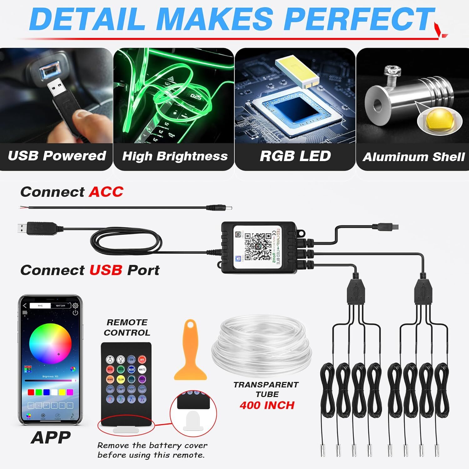 10M RGB 8 LED Car Interior Ambient Guide Light Strip Decor Atmosphere Door Light
