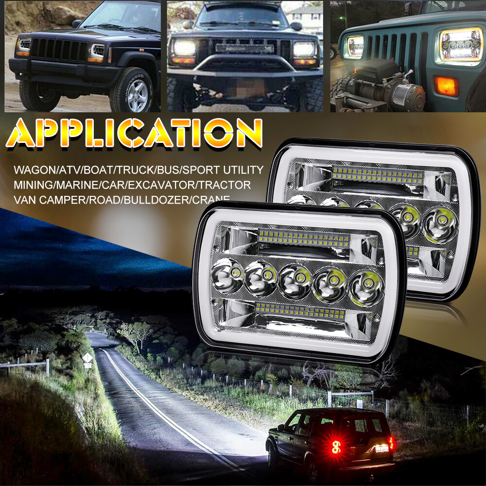 For Jeep Cherokee XJ 84-2001 Wrangler YJ 86-1995 5×7″ 7×6 Led Headlight Halo DRL
