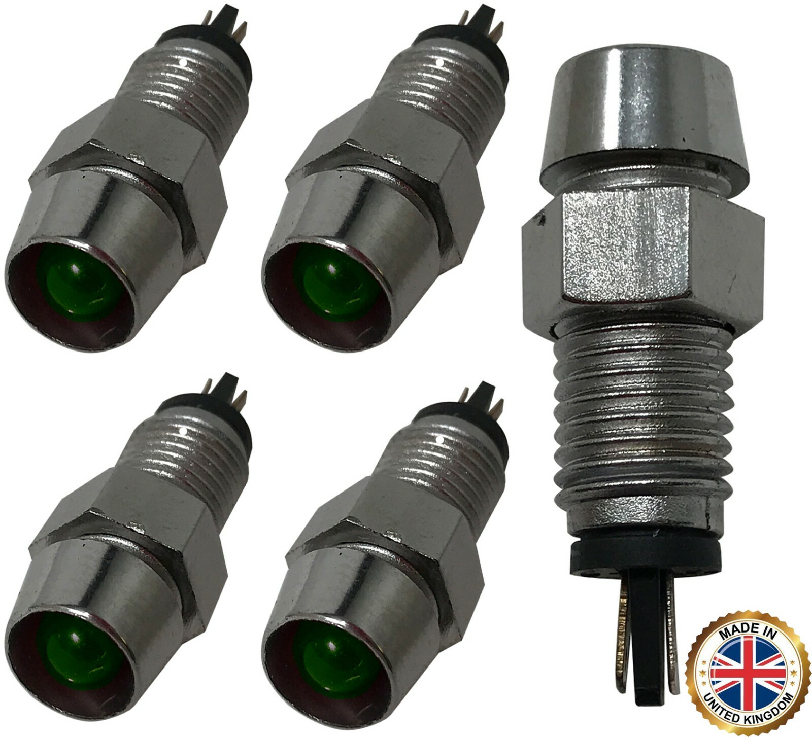5 Pack of Universal 12V Green LED Lamp Dash Panel Pilot Indicator Light – Chrome