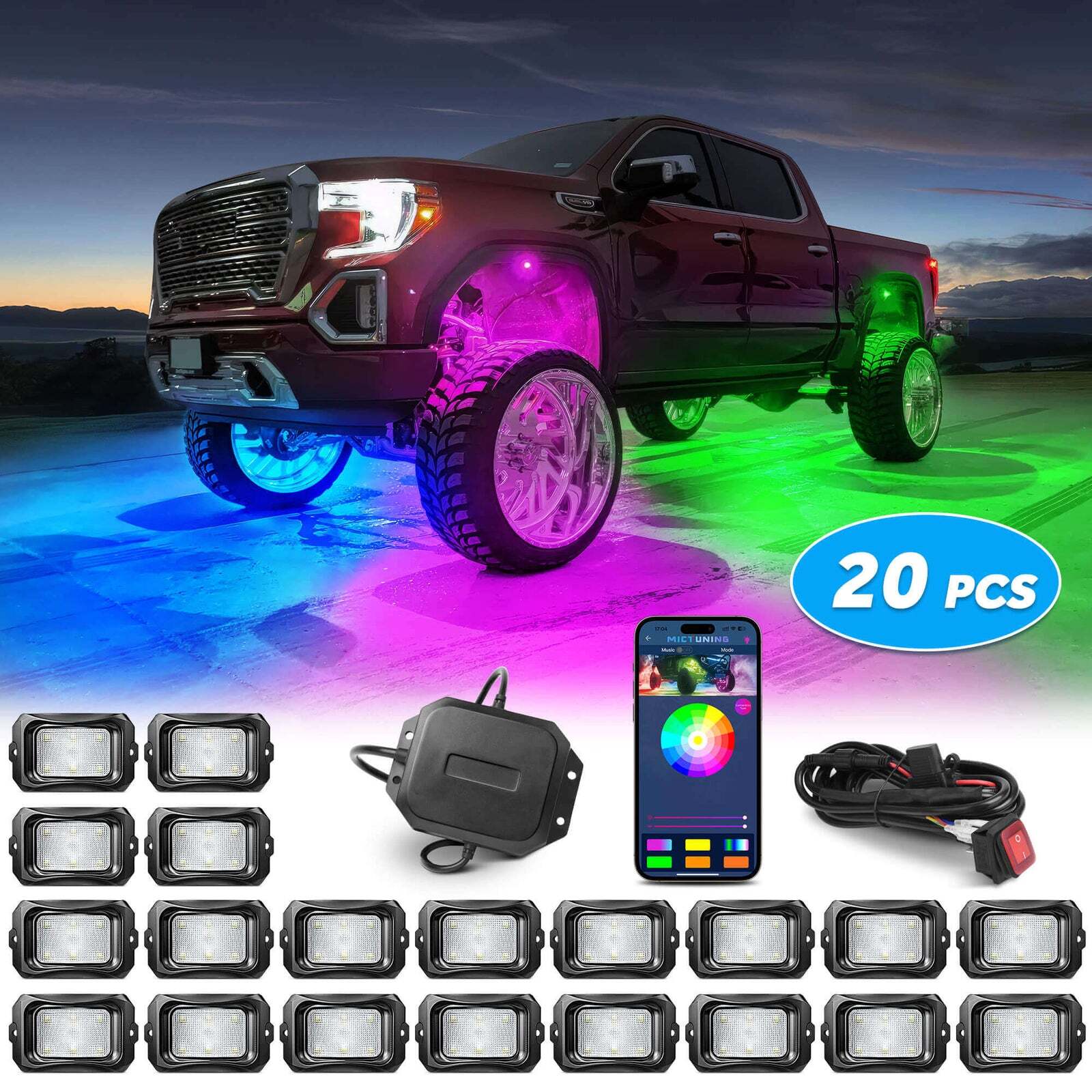 MICTUNING RGB/RGB+IC LED Rock Lights, 8/12/16/20 Pods Underglow Led Chasing Lamp