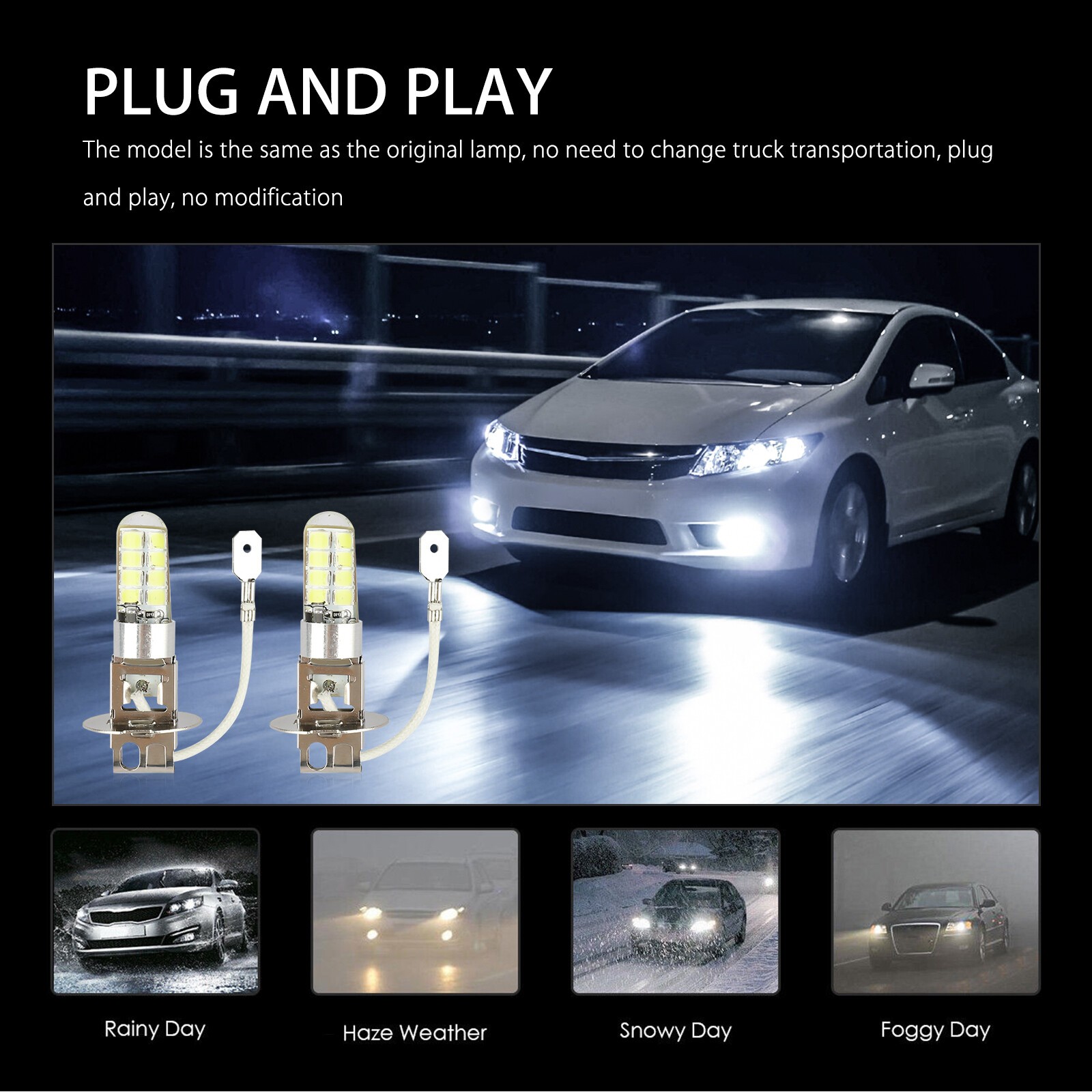 2PCS H3 16-SMD LED Fog Driving Light Bulbs Conversion Kit DRL 6000K Bright White