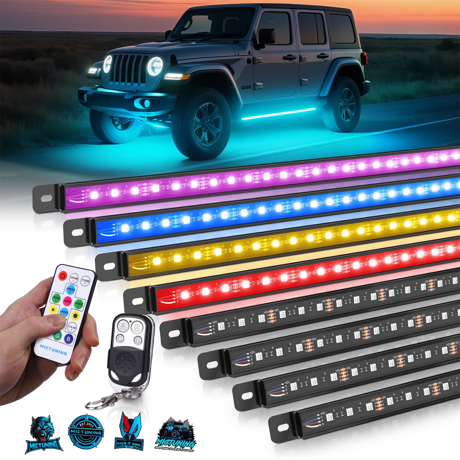 8pcs RGB Underglow LED Lights Bar, w/Dual Remote Control, Underbody Lights Strip