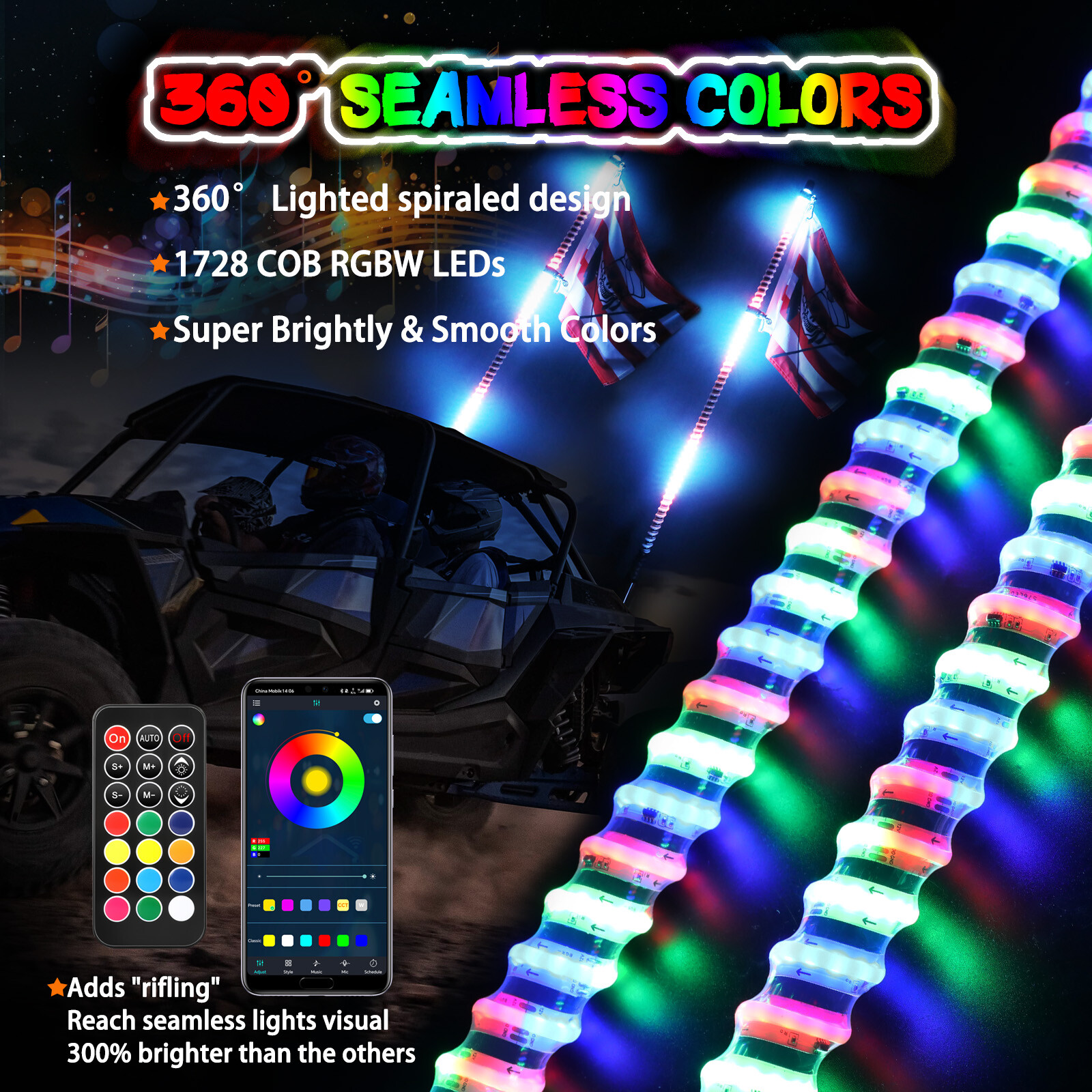 For Can-am Maverick X3 Pair 2FT Spiral RGB LED Whip Lights Wireless APP & Remote