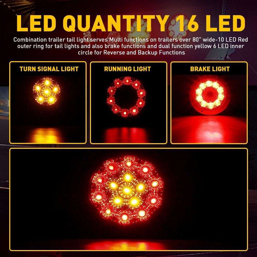 2X Amber/Red 16 LED Round 4″ Truck Trailer RV Brake Stop Turn Signal Tail Lights