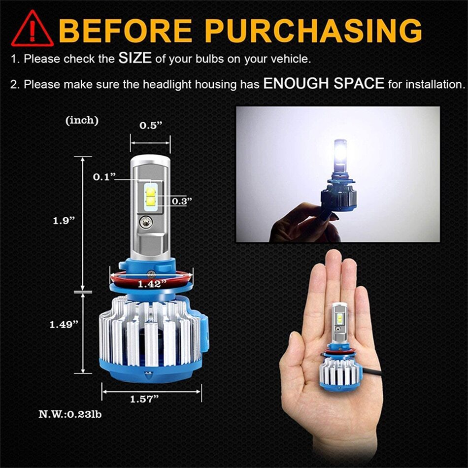 2Pcs T1 9006 HB4 Turbo LED Headlight T1 Car Light Bulb 6000K Canbus Head Lights
