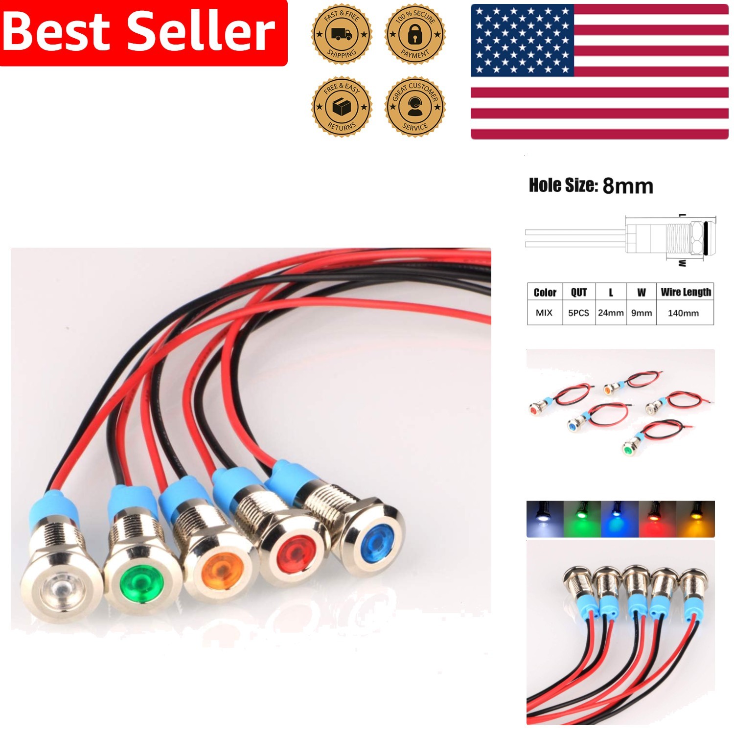 5pcs 8mm LED Indicator Lights AC DC 12-24V Waterproof Signal Lamp Panel Mount