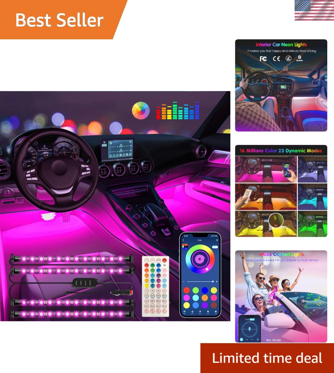 Wireless APP-Controlled RGB Interior Car Lighting – Universal Fit & Waterproof