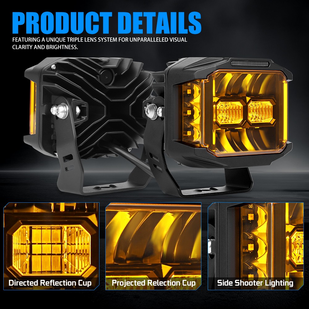 Pair 5″ 30000LM LED Pods Side Shooter White/Amber Beam Pod Lights DRL For Cam-Am