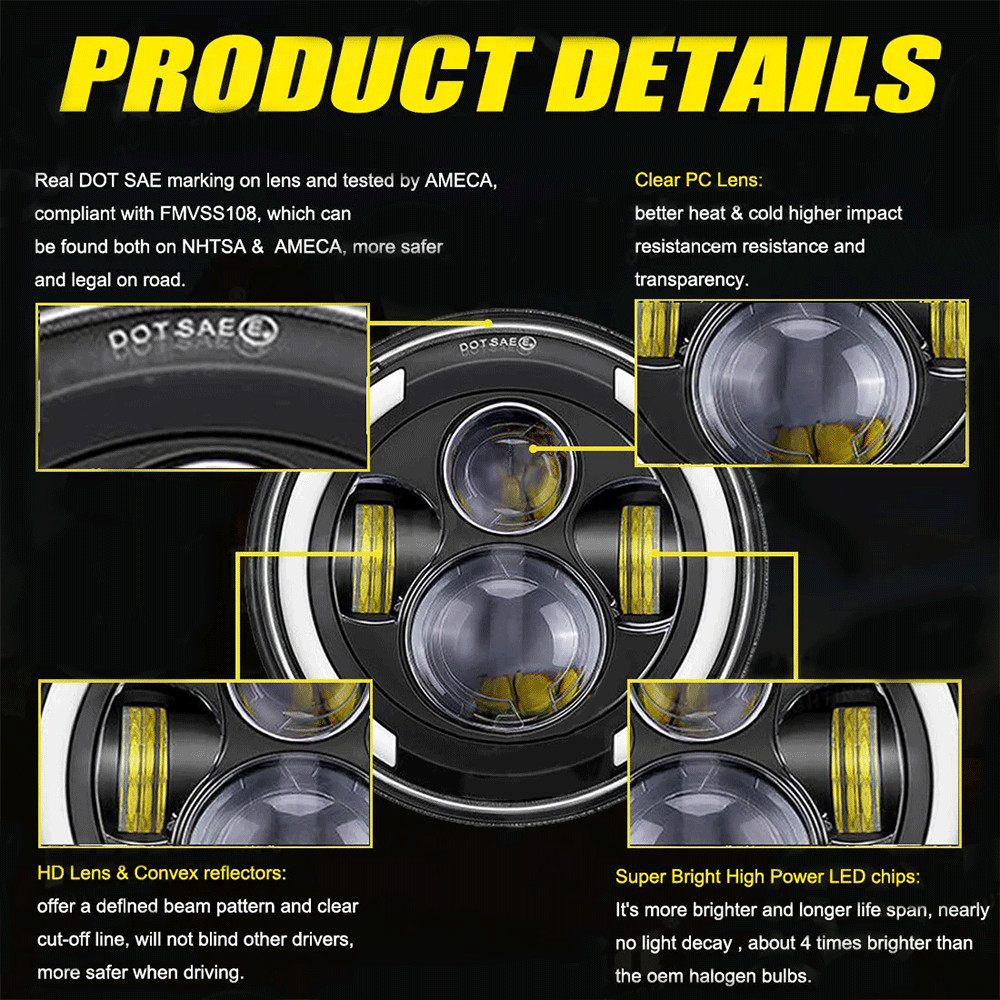 4PCS/ 7″ Round LED Headlights + Turn Signal Lamps Kit For Jeep Wrangler JK 07-18