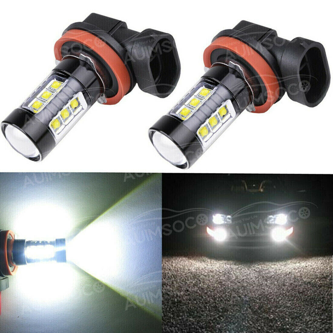 2Pcs H11/H8 LED White Fog Light Bulbs Decoder Error Free Canbus 2-Pack For Cars