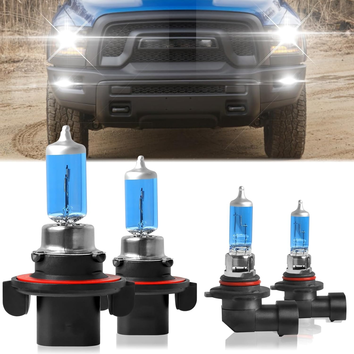 Halogen 9008/H13 High/Low Beam Bulbs & H10/9145 Foglamp Bulbs Kit, Pack of 4