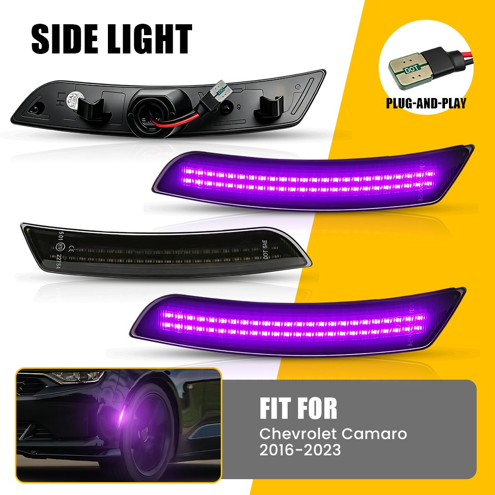 4X Smoked LED Side Marker Bumper Lights Purple Lamps For Chevy Camaro 2016-2023