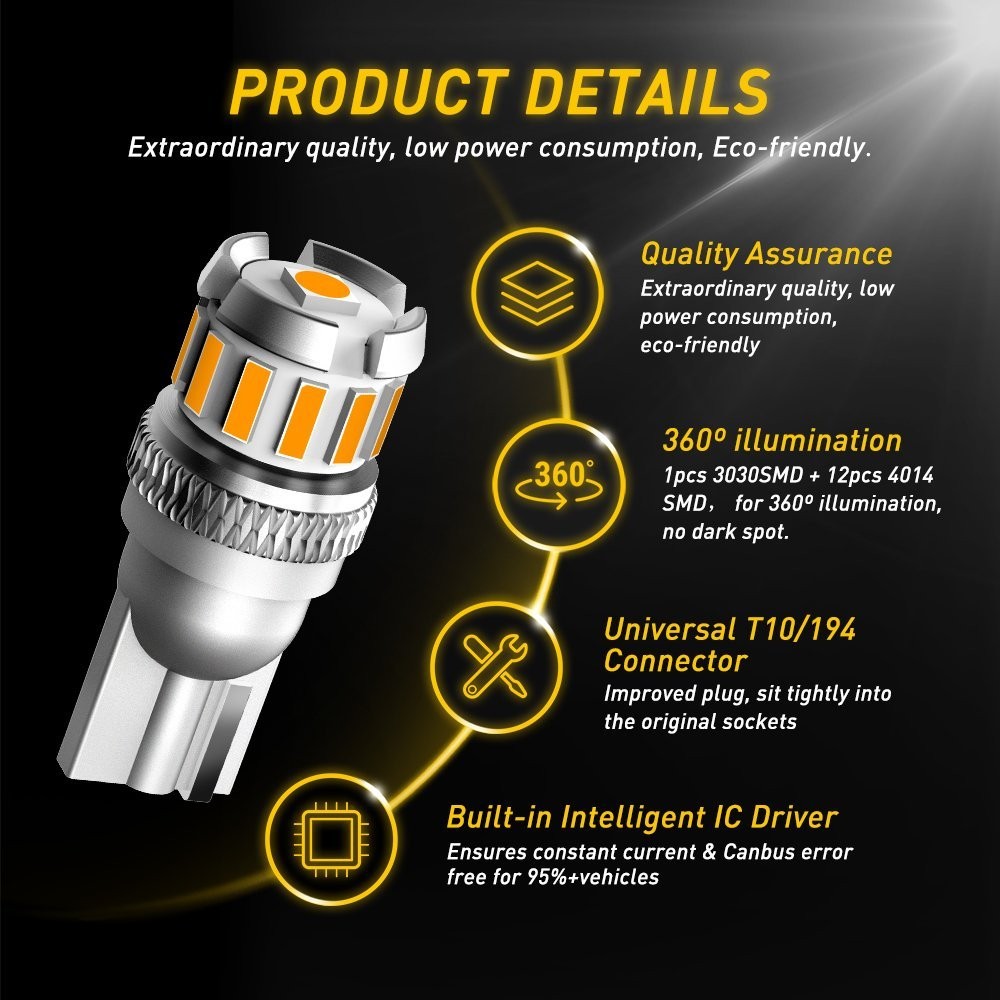3000K Amber LED Front Sidemarker Lights 168 192 194 2825 T10 Replace Halogen 2x