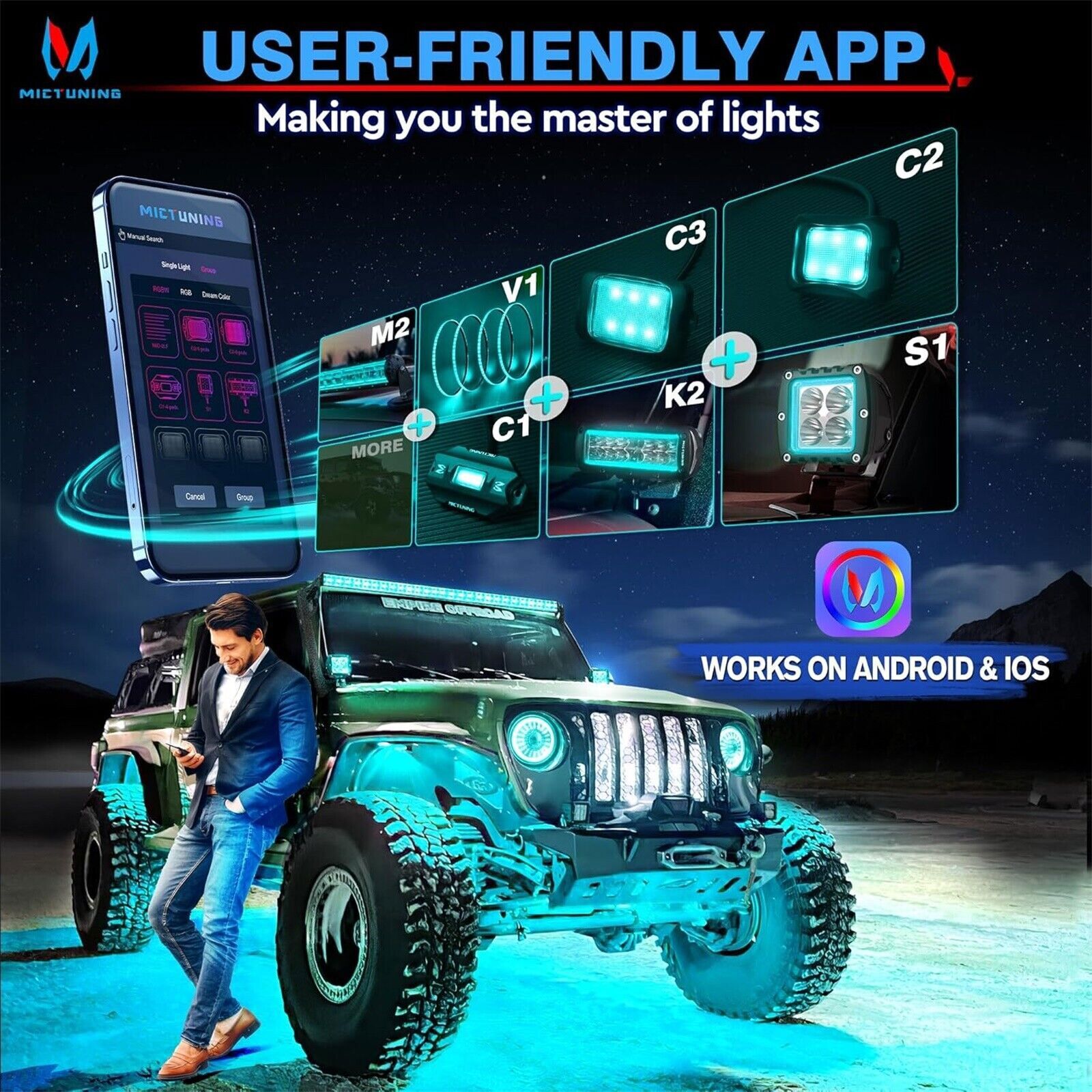 MICTUNING Curved C2 RGBW 12 Pods Underglow Neon LED Rock Lights for Trucks/UTVs