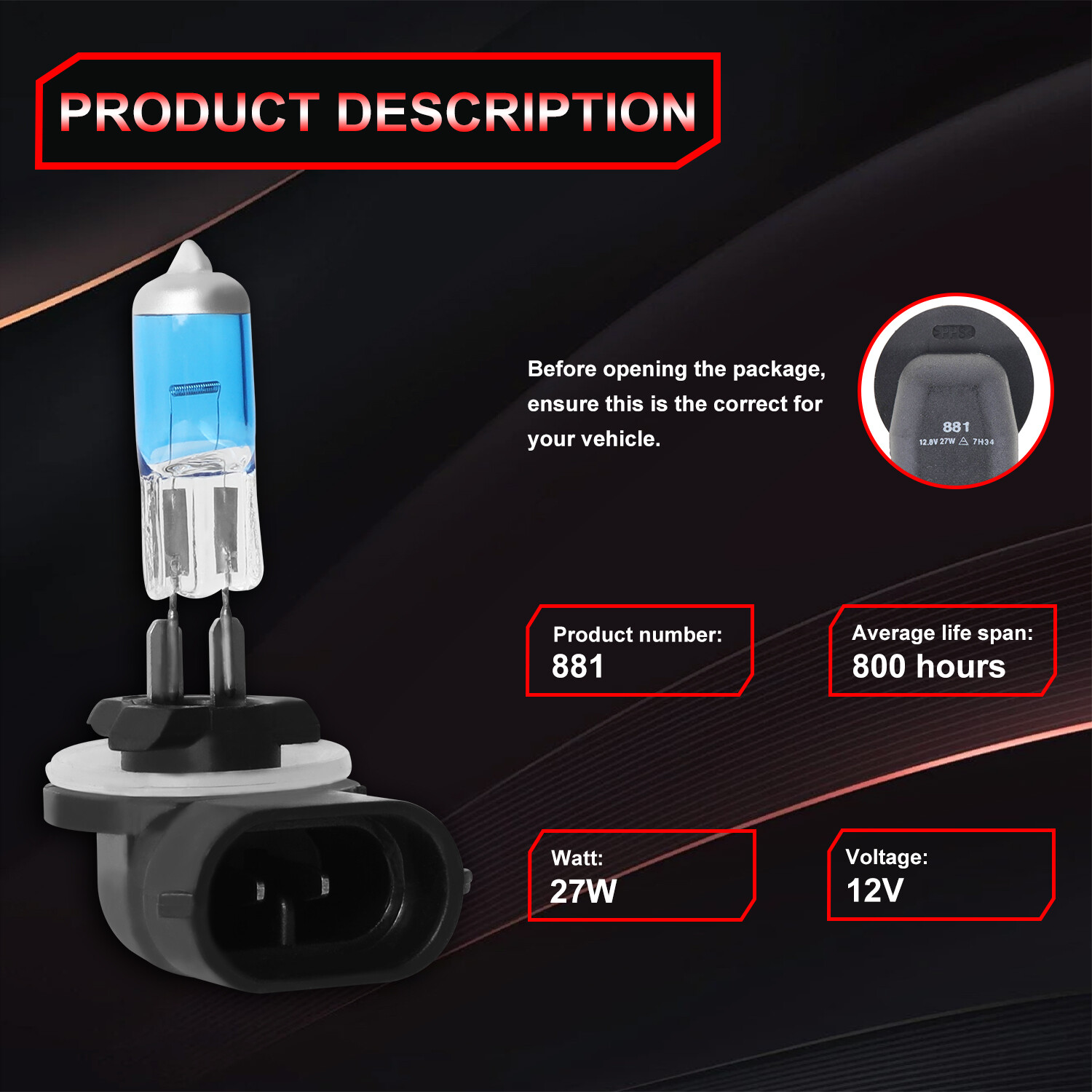 2x 881 Halogen 12V 27W Fog Light Bulbs Xenon White Replaces 886/889/894/896/898
