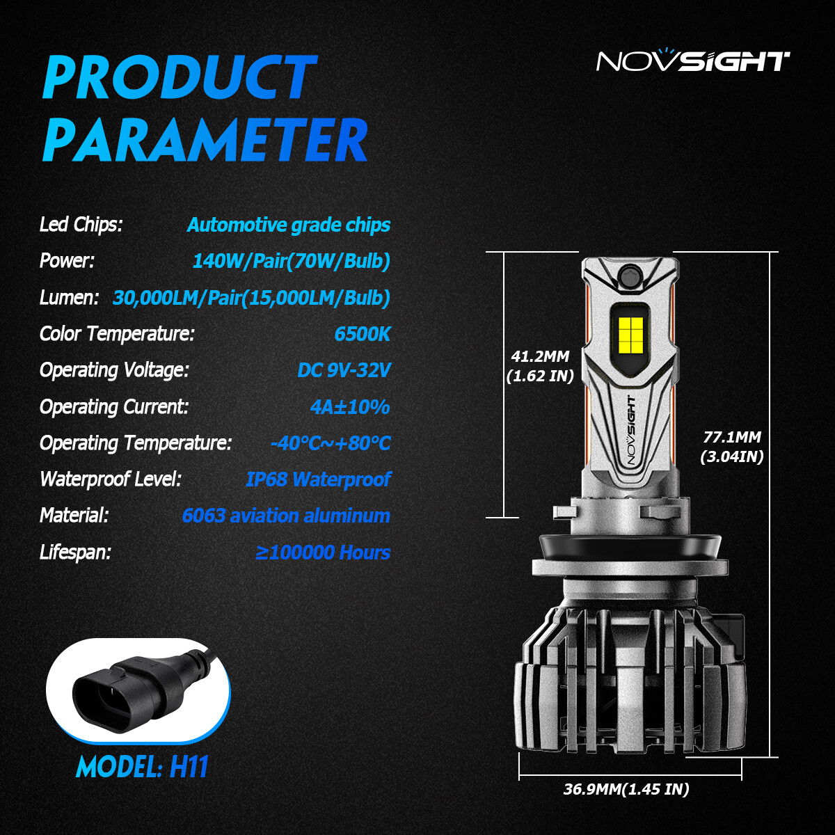 NOVSIGHT Pair 140W H11 LED Headlight Bulbs Kit High Low Beam 30000LM 6500K White