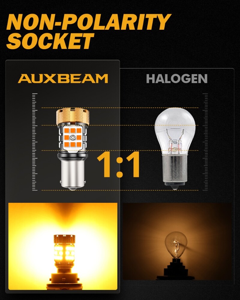 AUXBEAM 1156 LED Turn Signal Light Bulb Canbus Error Free 3000K Amber 50W 8000LM