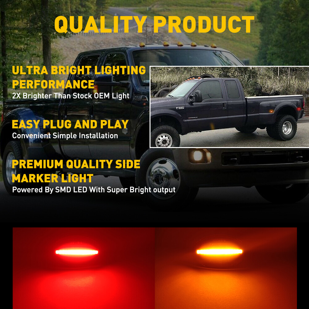 For Ford F350 Superduty Amber/Red LED Fender Bed Side Marker Lights 4pc Smoked
