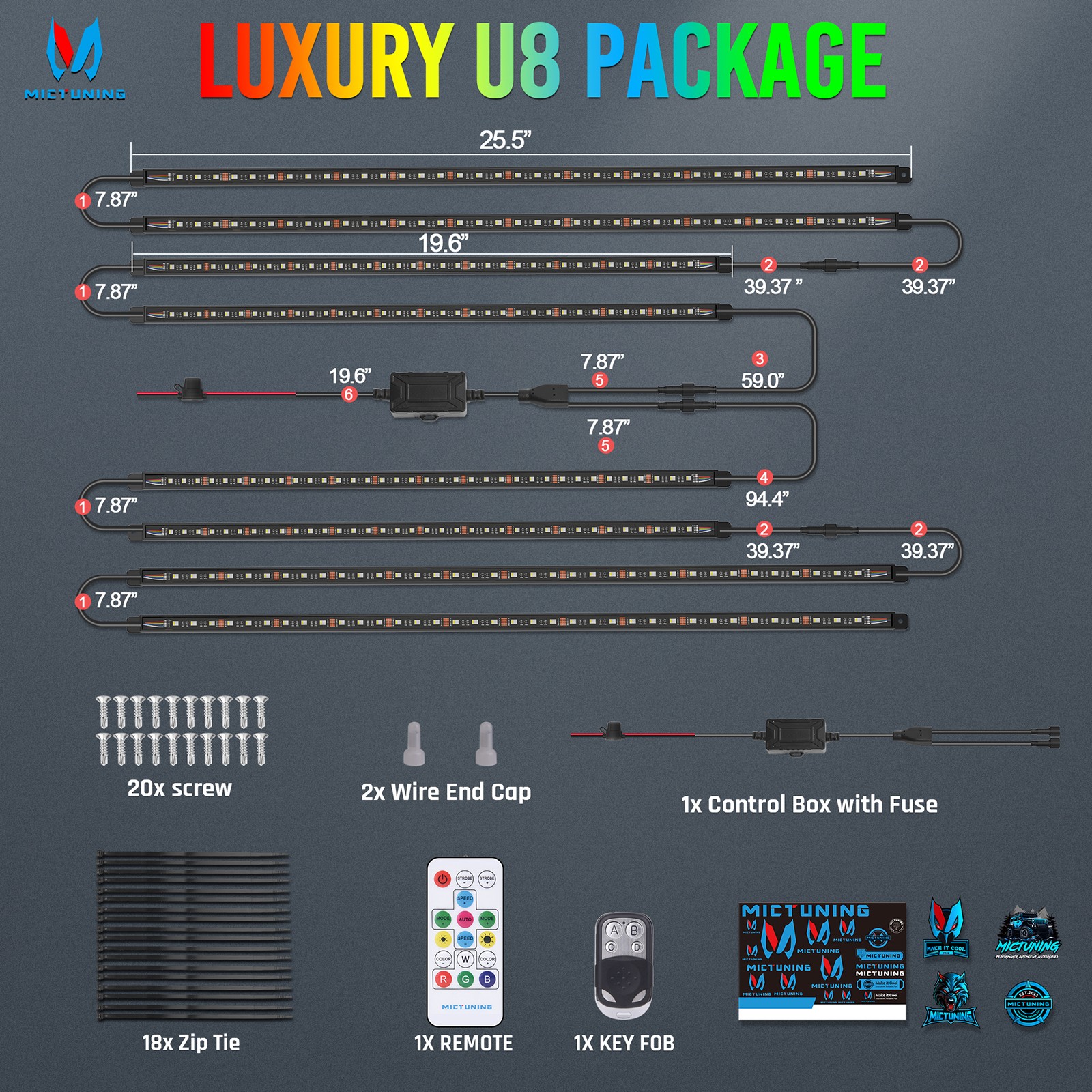 8PCS RGBW Underglow Light Bars, Exterior Neon Accent Underbody LED Light strips