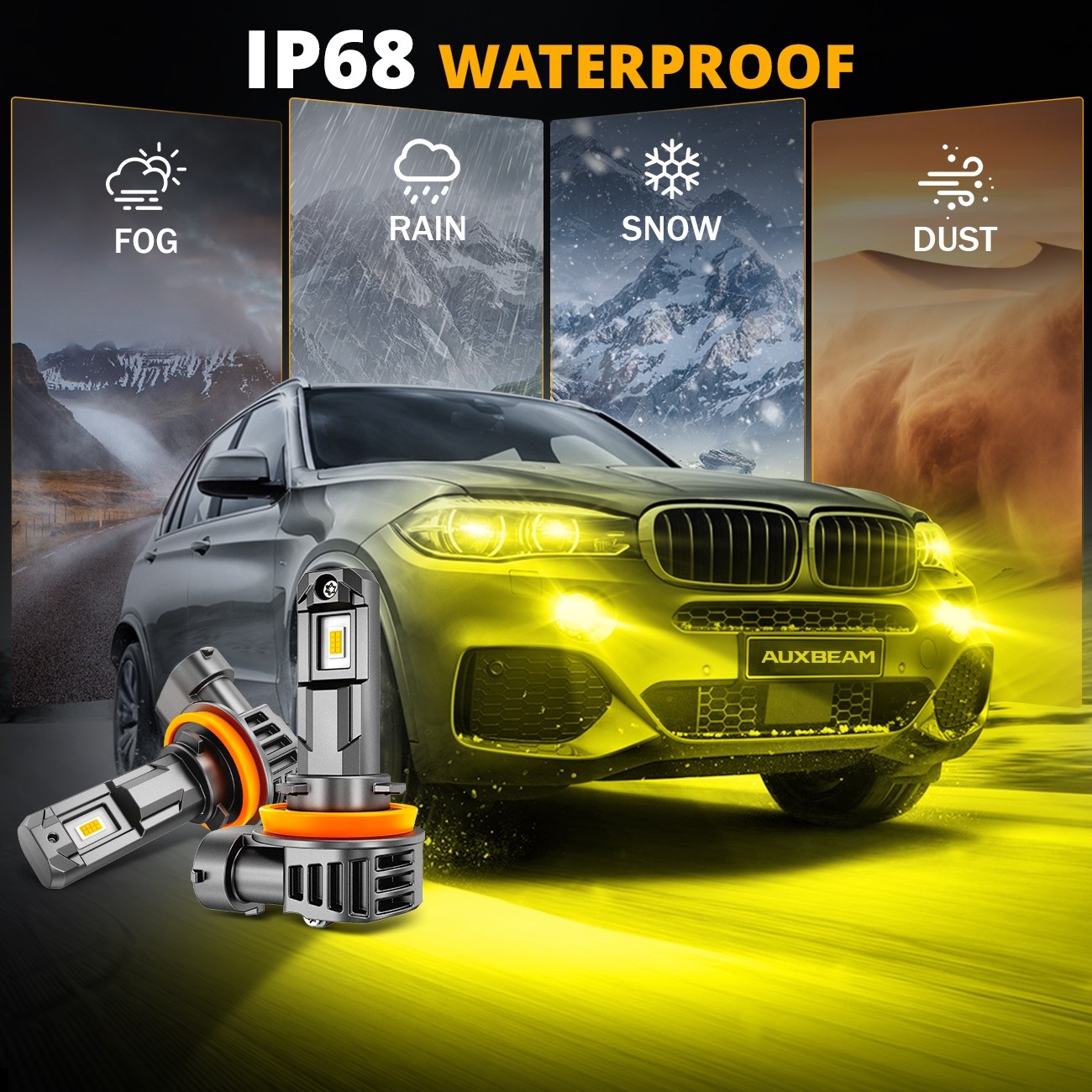AUXBEAM H11 H8 LED Bulbs 3000K Yellow Super Bright Fog Light High Power 16000LM