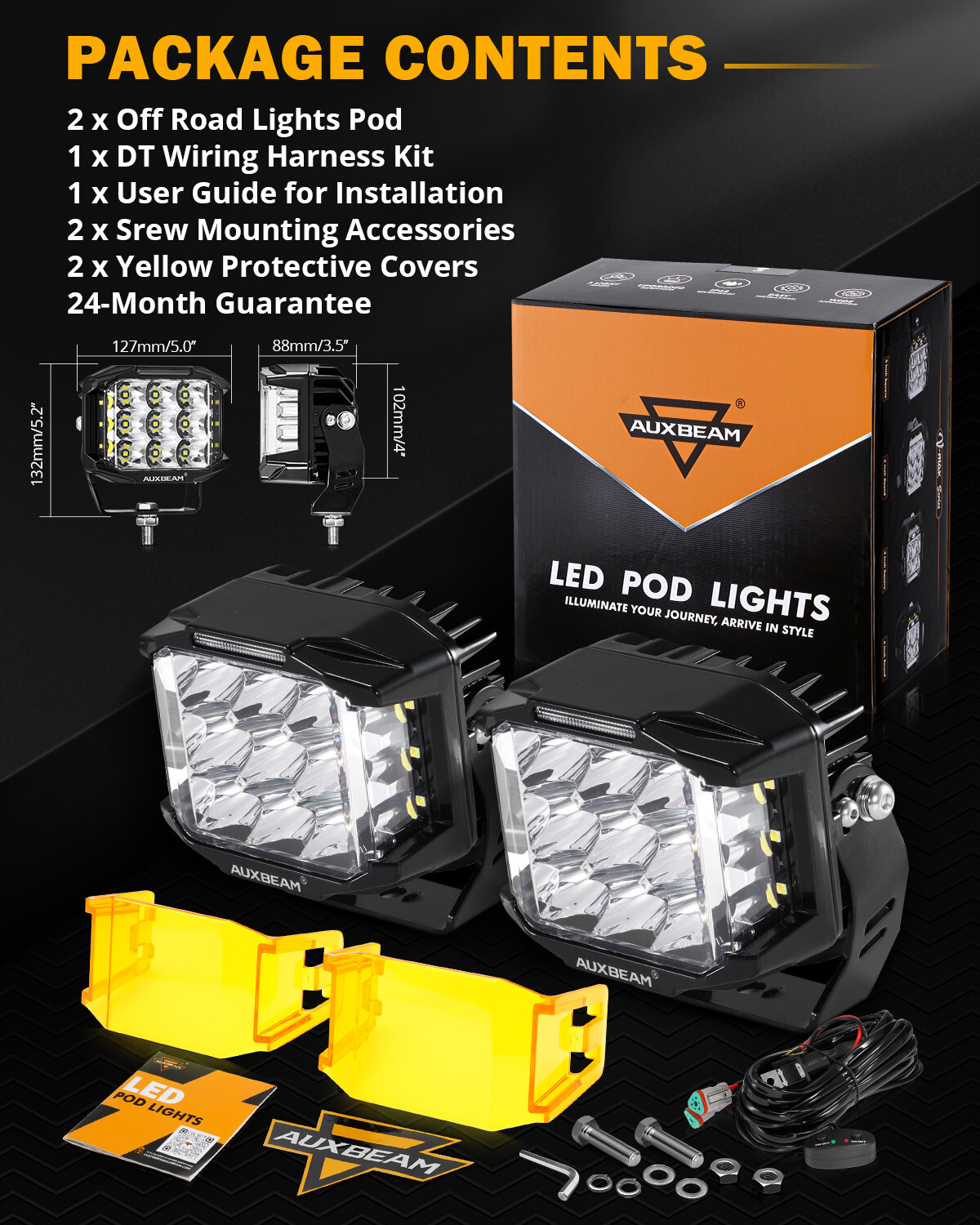 AUXBEAM 2X 5″ LED Side Shooter V-max Combo Beam Led Pod Lights DRL +Amber Cover