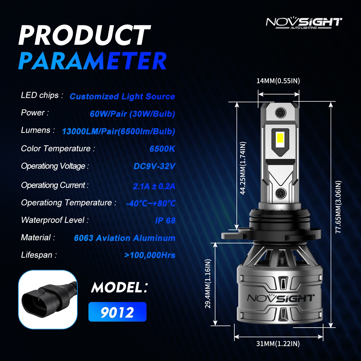 NOVSIGHT 9012 LED Headlight Bulbs kit Hi Low Beam 6500K Super Bright High Power