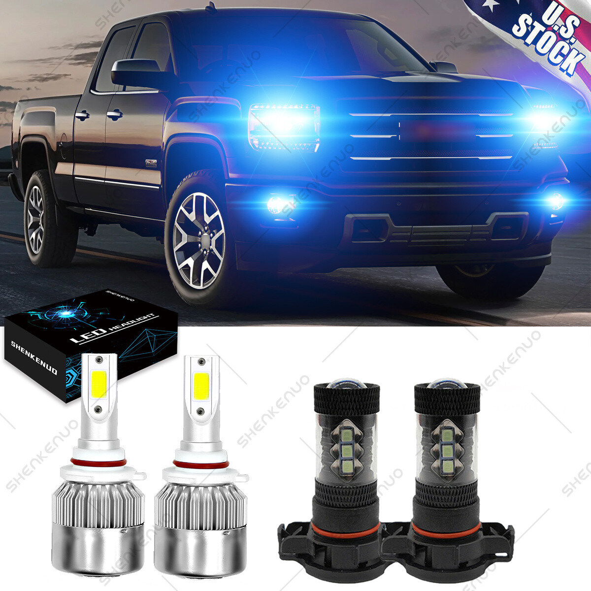 For GMC Sierra 1500 2014-2016 – 4PC 8000K LED Headlights + Fog Lights Bulbs Kit