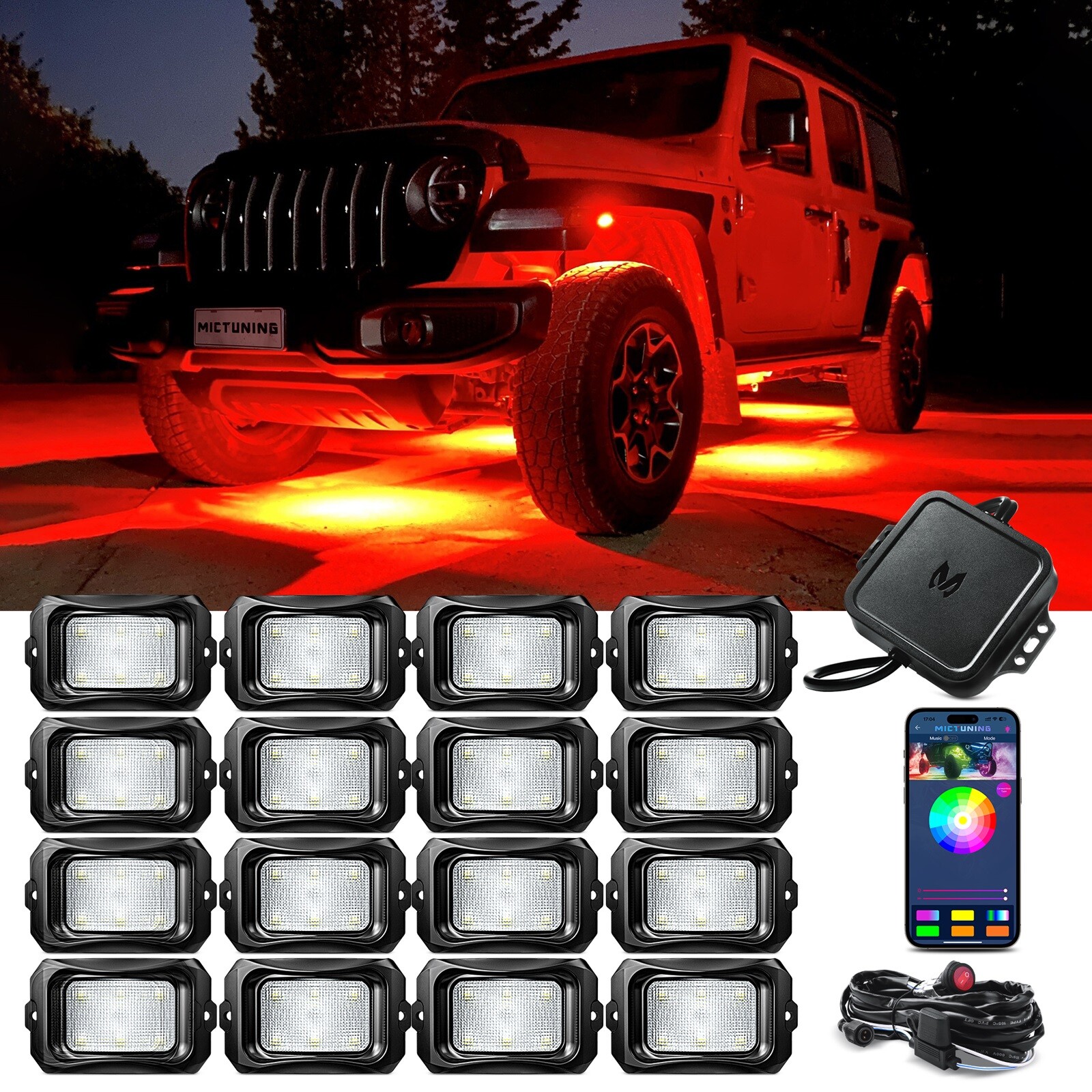 MICTUNING 16 Pods Q1 RGBW LED Rock Lights,Multicolor Underglow Remote Controller