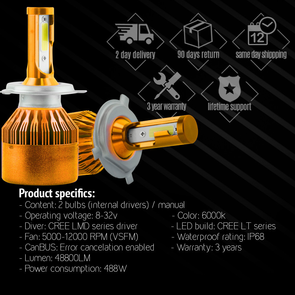 H4 HB2 9003 1020W 150000LM Dual-Sided LED Headlight Kit High/Lo Power Bulb 6000K