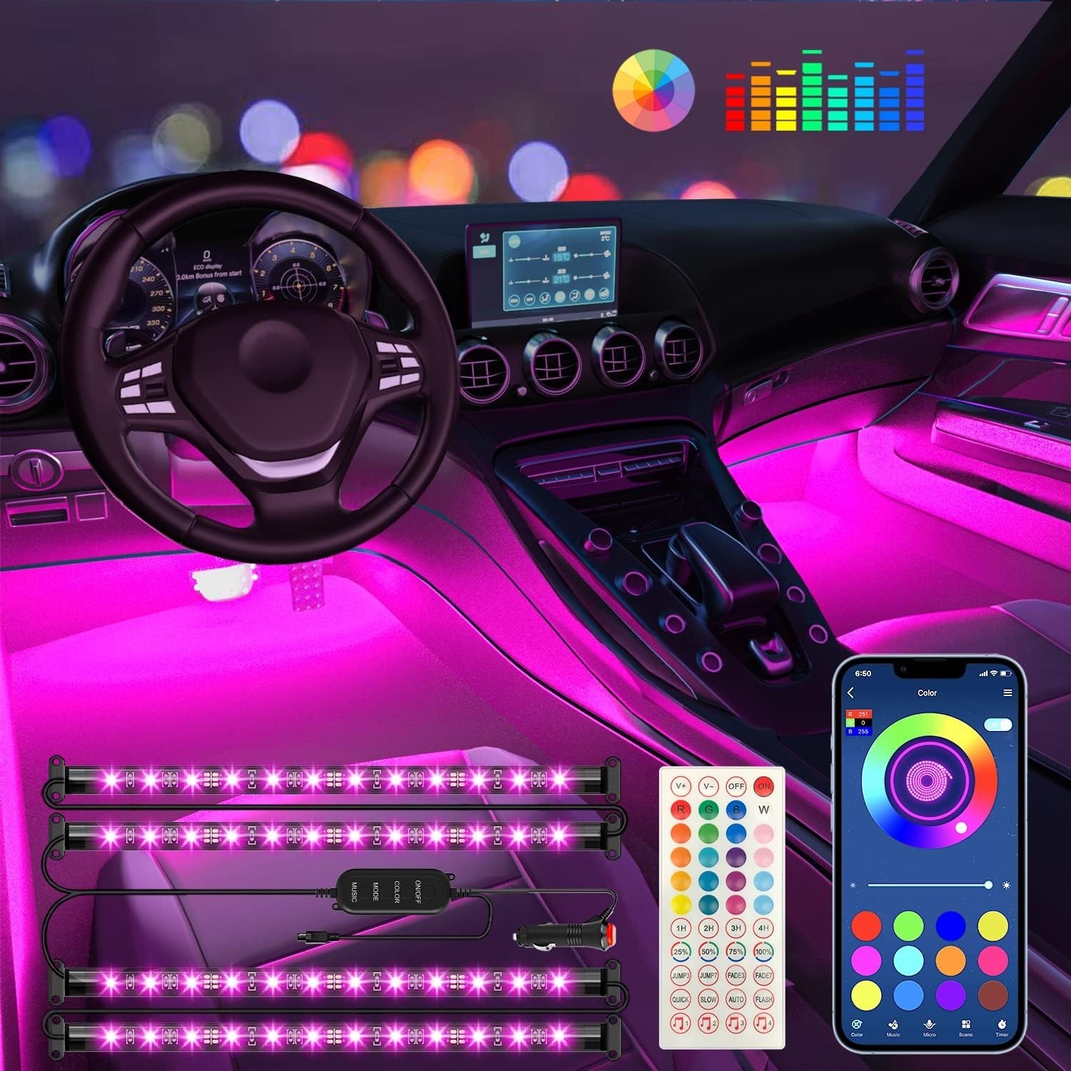 Wireless APP-Controlled RGB Interior Car Lighting – Universal Fit & Waterproof