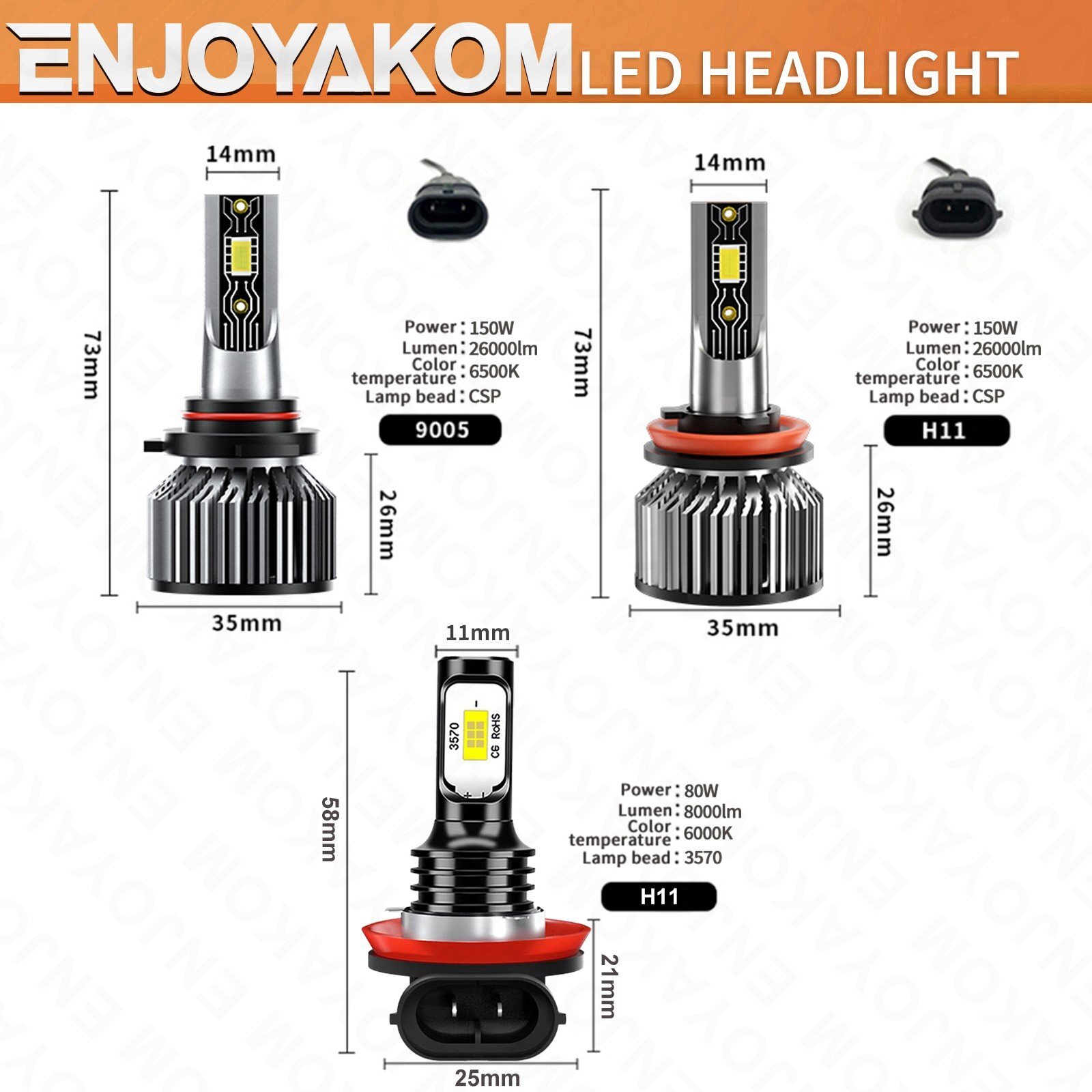 9005 H11 H11 LED Headlight+Fog Light Super Bright Bulbs Kit 8000K White High Low
