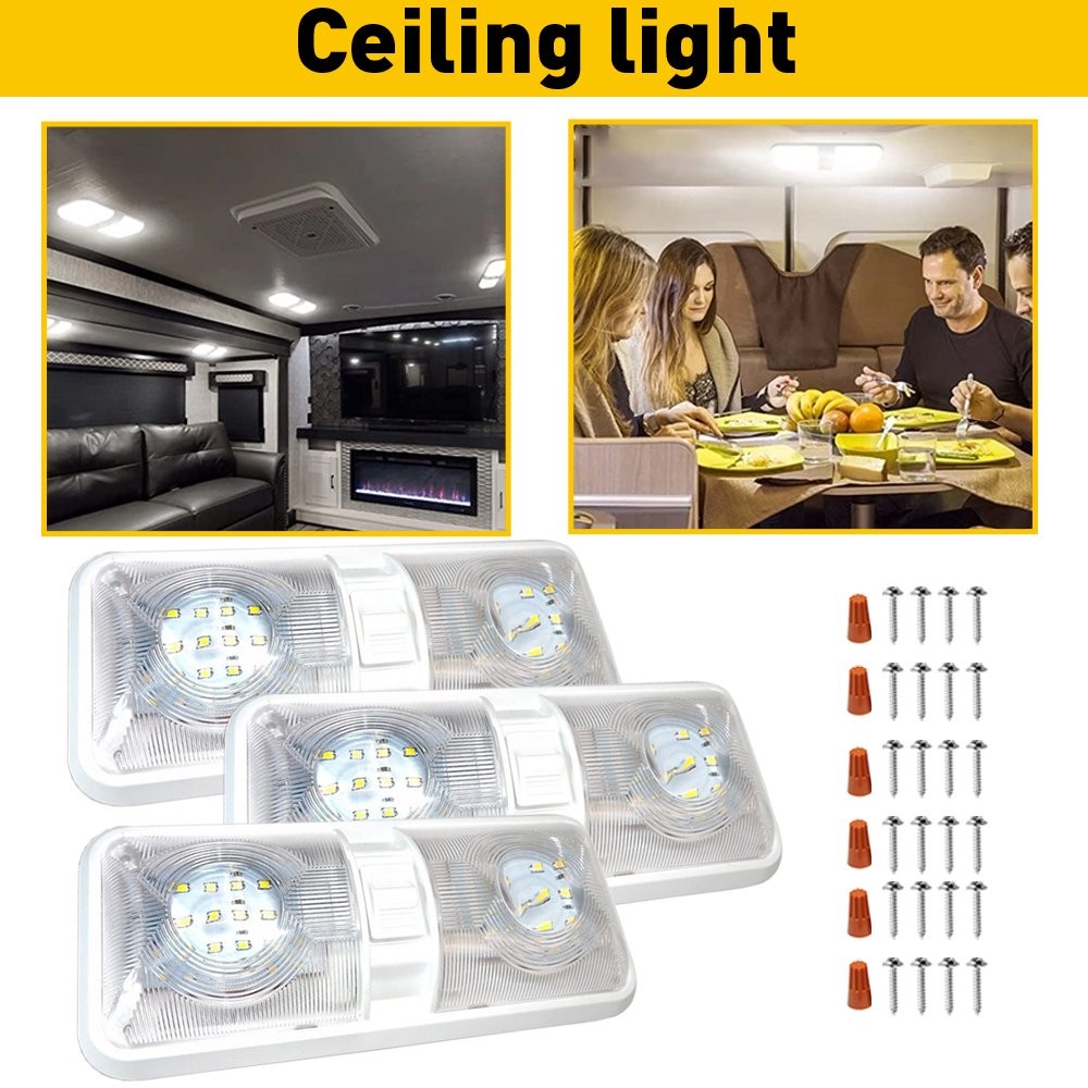 3PCS 12V LED RV Ceiling Interior Boat Light Camper Trailer Double Dome Frost