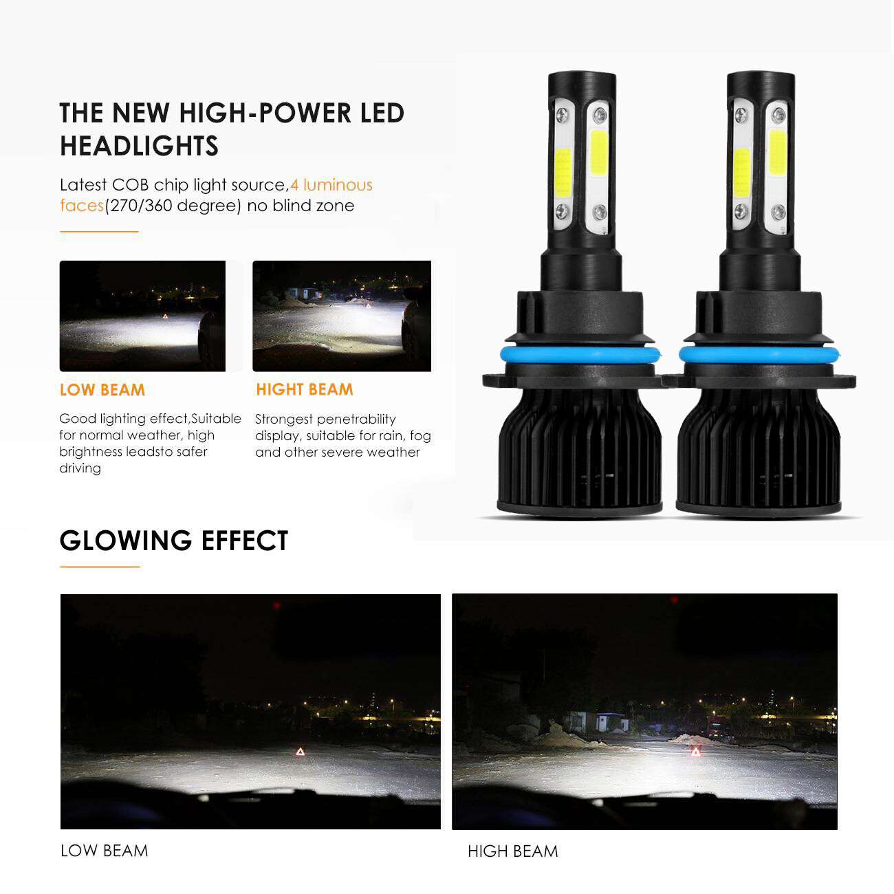 4-sides 9004 LED Headlight Bulb High Low Beam 6500K 2600000LM White Super Bright