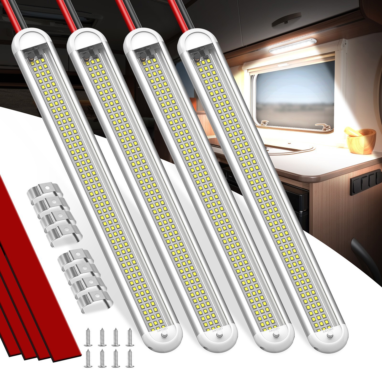 4pcs 12V LED Interior Light Bar, 120LEDs 28W Led Strip Lights For RV Camper Boat
