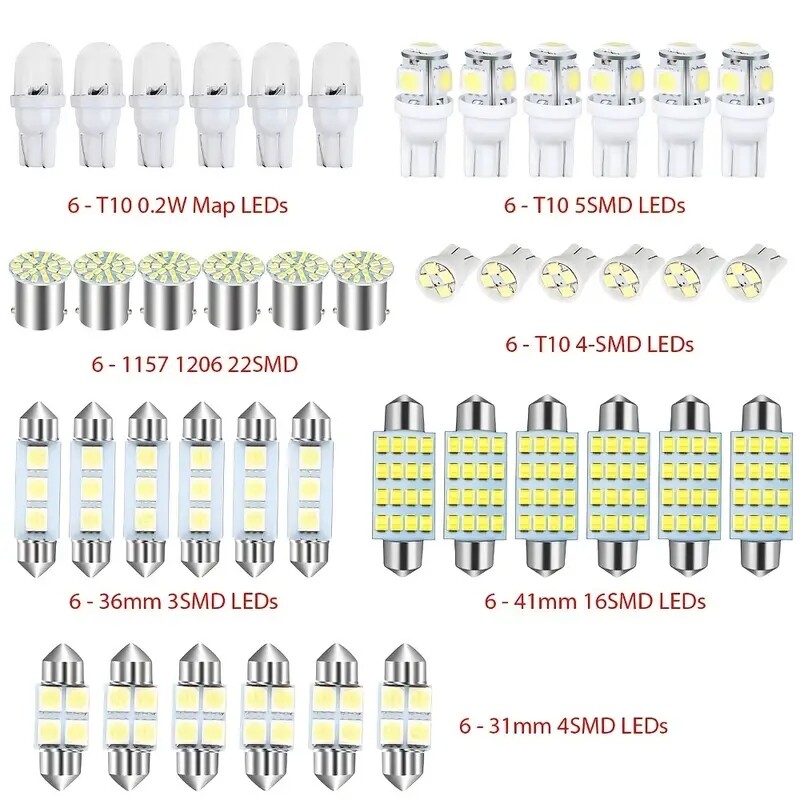 42PCS Car Interior Combo LED Map Dome Door Trunk License Plate Light Bulbs White