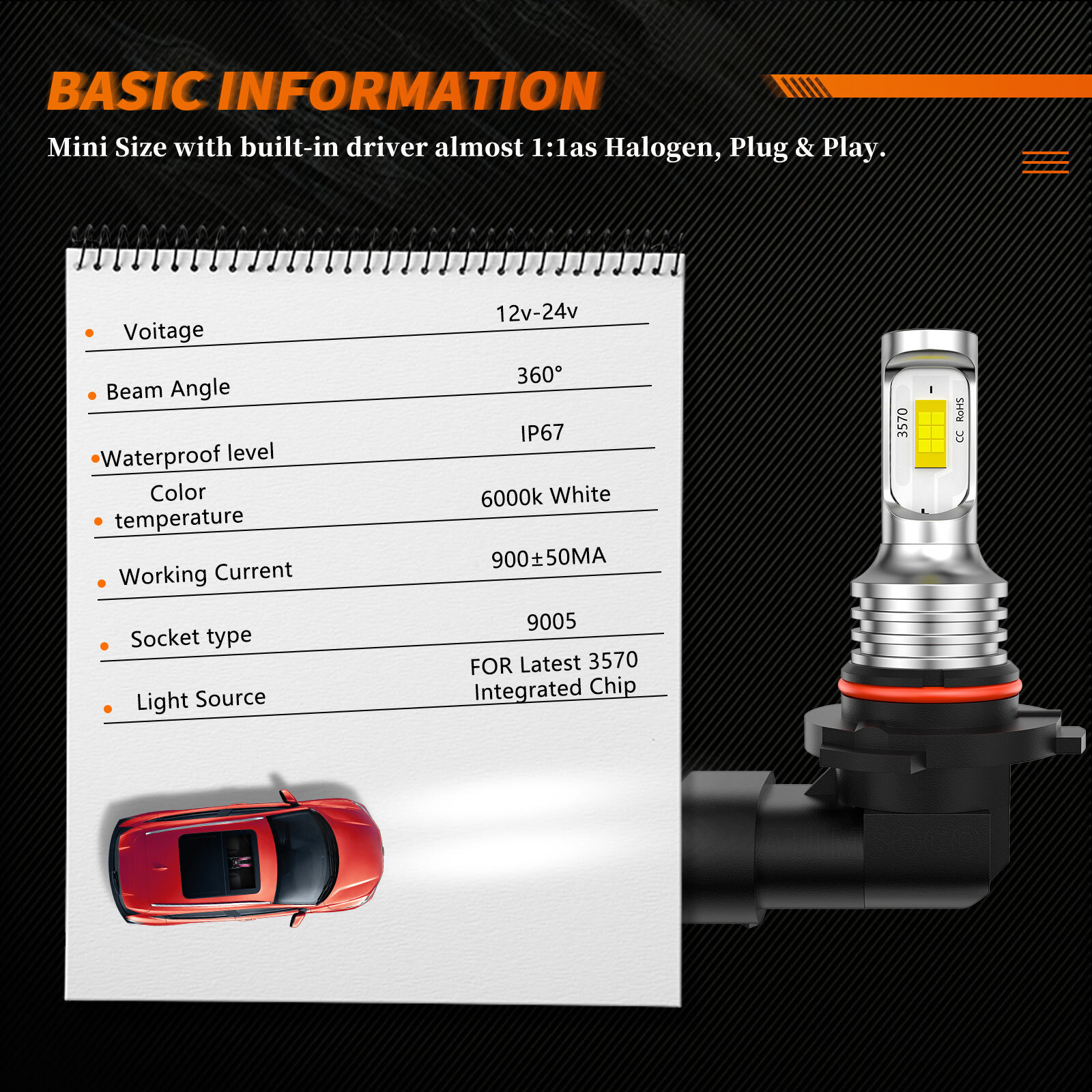 9006 HB4 LED Headlight Bulb Kit Low Beam 60000LM Super Bright 6000K White 2Pcs