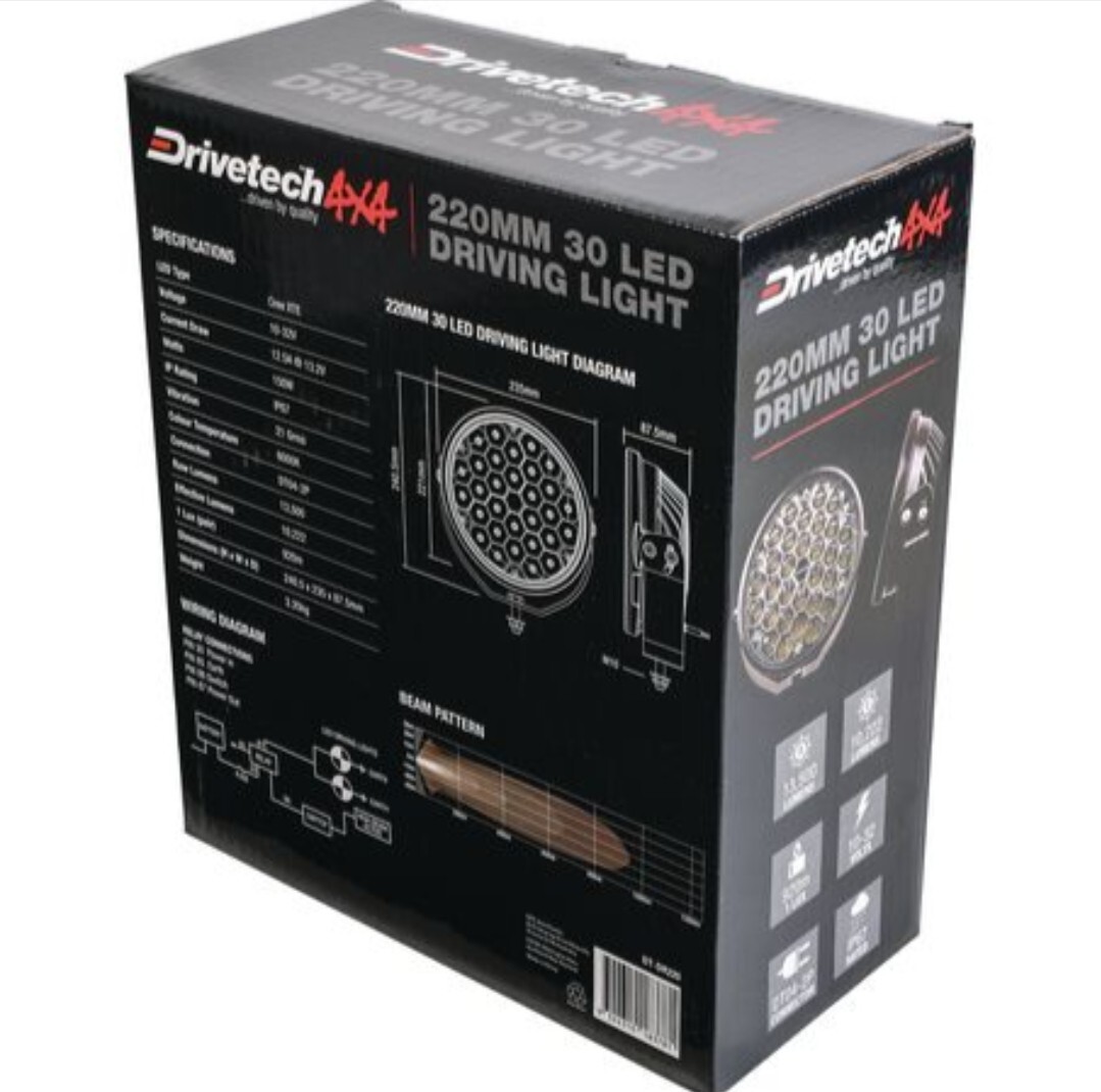Drivetech 4X4 220mm Round LED Driving Light, Black Powder Coated 3 Year Warranty