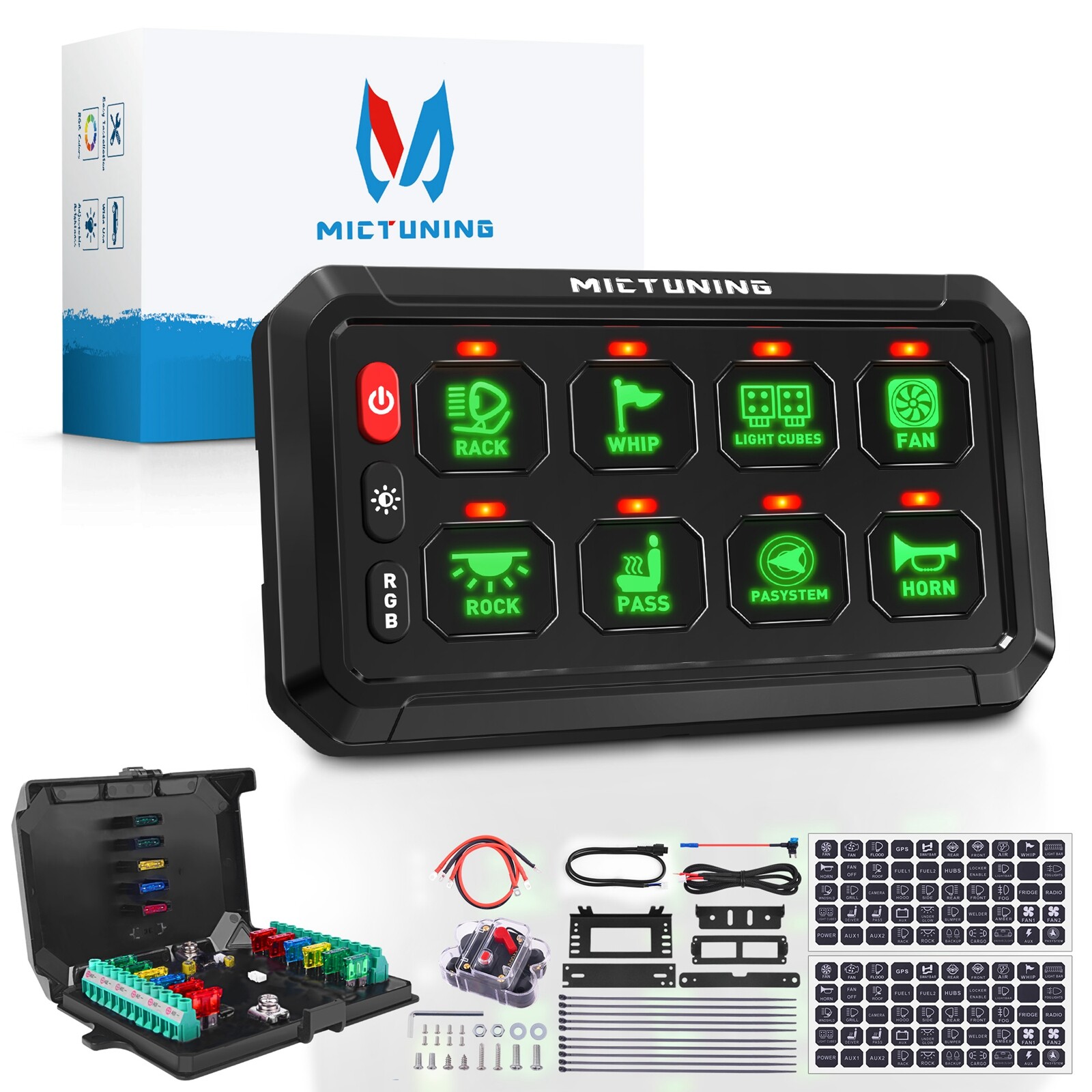 MICTUNING RGB 8 Gang Switch Panel LED Circuit Control Relay System Multipe Mode
