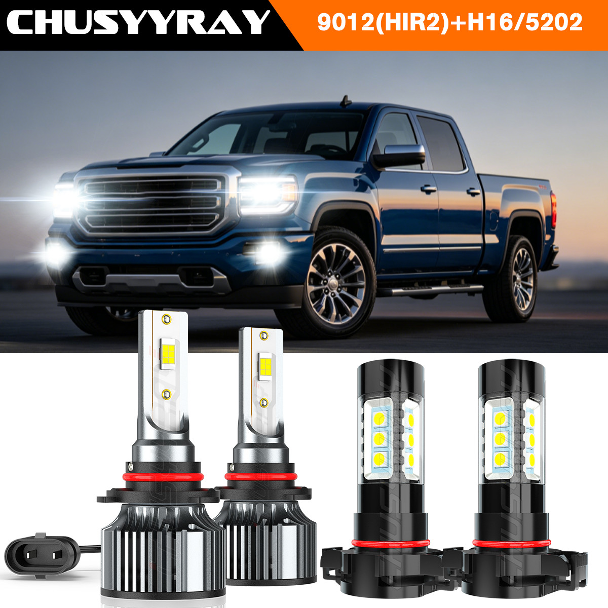 Fit 2014 2015 GMC Sierra 1500 – 6000K 9012 LED Headlights + H16 Fog Light Bulbs